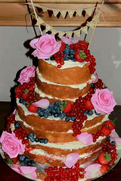 Summer Naked Wedding Cake With Berries Roses Naked Wedding Cakes Tea Cup Cake Naked Cake
