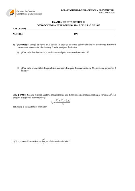 Examen Preguntas Grado En Ade Examen De Estad Stica Ii