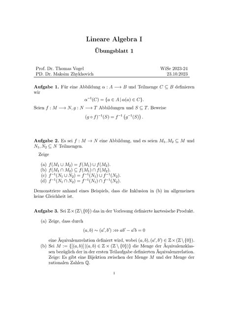 Uebungsblatt Bungsaufgabe Lineare Algebra Lineare Algebra I