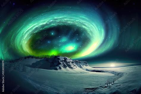 illustration of green Northern lights in the sky above the mountains of ...