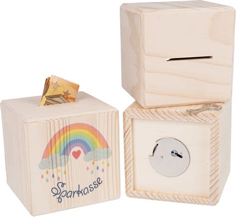 Holz Spardose Würfel mit Metallschloss UV Druck Regenbogen für Kinder