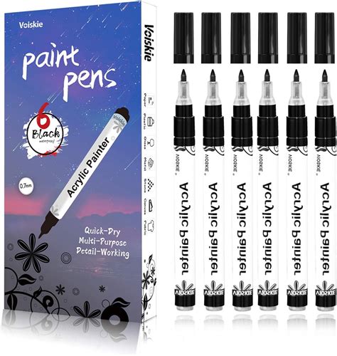 Voiskie Black Paint Pens 6 Pack 0 7mm Acrylic Black Permanent Markerwater Based For