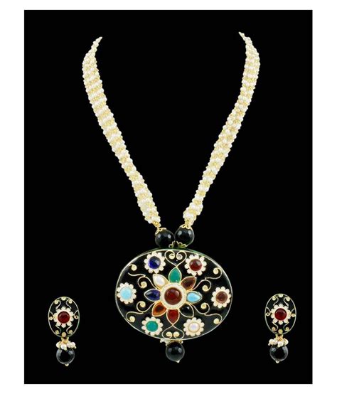 Orniza Ethnic Navratna Pendant Set With Black Enamel Work Buy Orniza