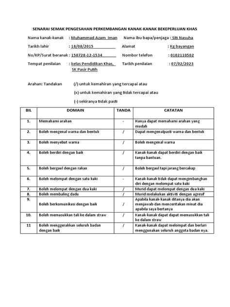 Senaraisemakpengesahanperkembangankanakalzulikaalziebinti 2 Pdf