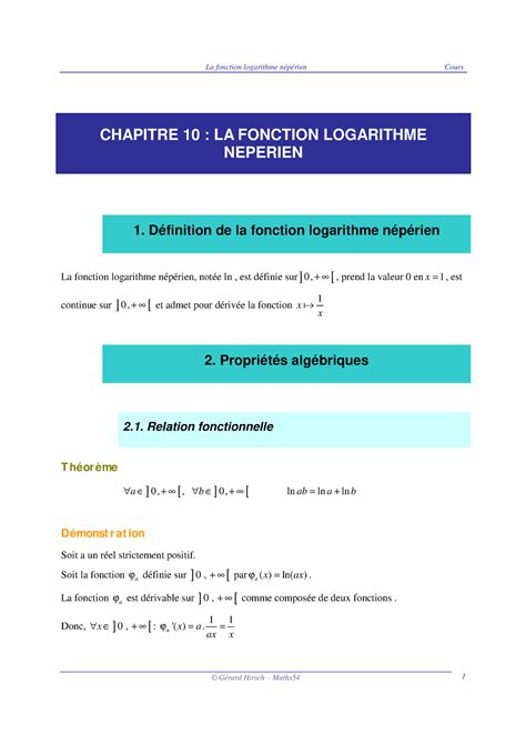 Logarithme Neperien Cours 04 CHAPITRE 10 LA FONCTION LOGARITHME