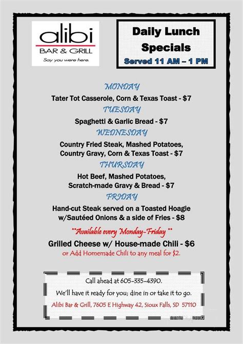 Menu of Alibi Bar & Grill in Sioux Falls, SD 57110