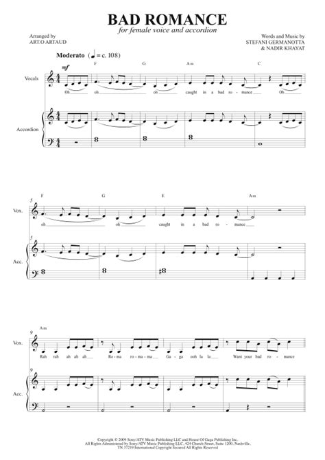 Bad Romance Arr Art O Artaud By Lady Gaga Sheet Music For Lead Sheet