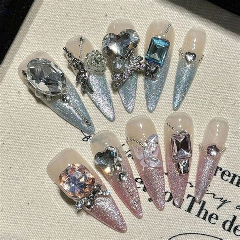 Nude Long Fake Nails With Blue Pink Tip Natural Unbreakable Nail Simple