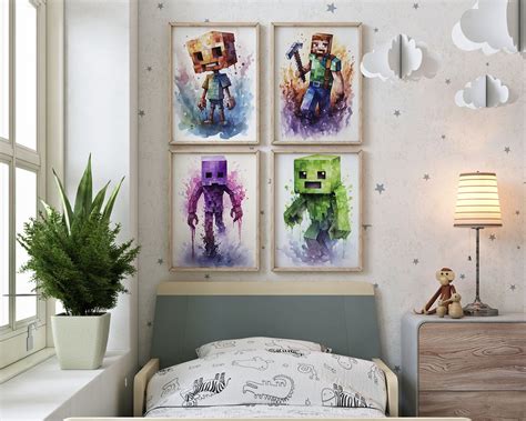 Game Poster Set Minecraft Wall Art, Nursery Decor, Creeper, Enderman ...