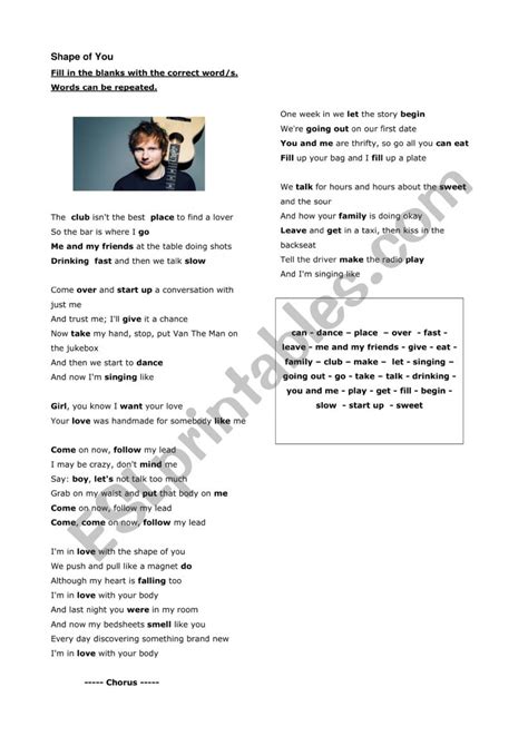 Ed Sheeran Shape Of You ESL Worksheet By GabrielaS18