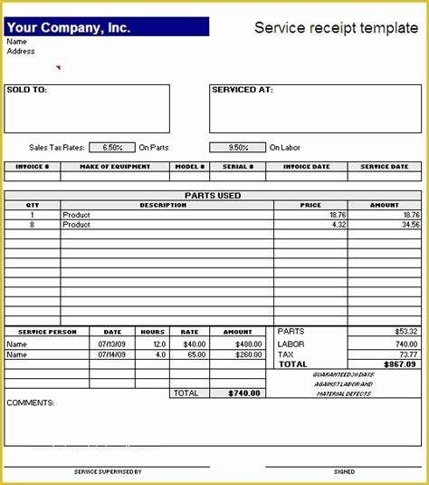 Receipt for Services Template Free Of Service Receipt Template – Excel ...