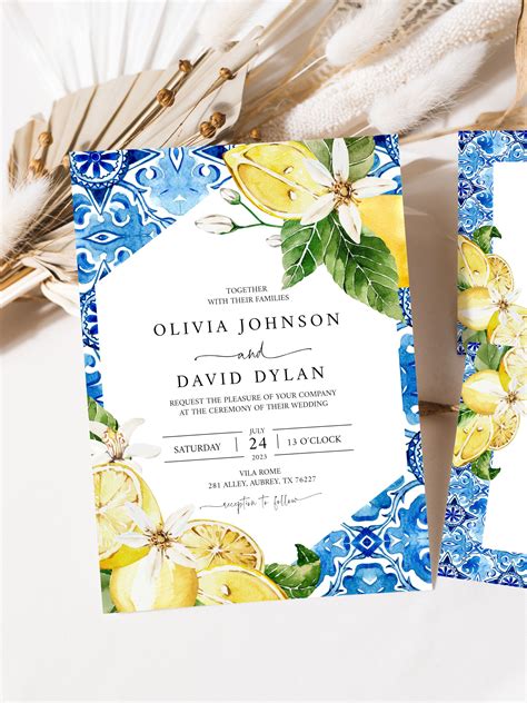 Blue Tiles Lemon Wedding Invitation Bundle Mediterranean Wedding Suite