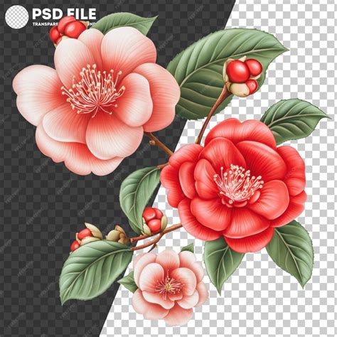 PNG Beautiful red and pink camellia flowers with green leaves arranged