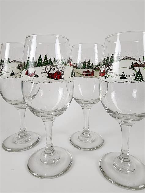 Libbey Winter Village Water Goblet Wine Glasses Set Of 4 Vintage Holiday Goblets With Winter