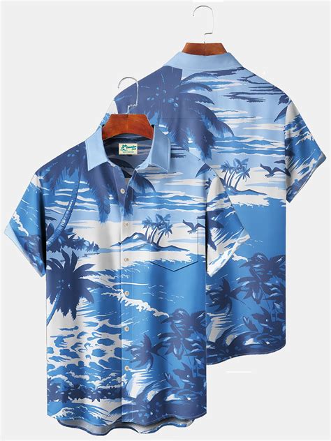 Royaura Beach Vacation Men S Blue Hawaiian Shirts Coconut Tree Stretch