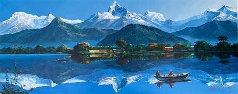 Mount Annapurna Pokhara Fewa Lake Original Acrylic Painting On Canvas