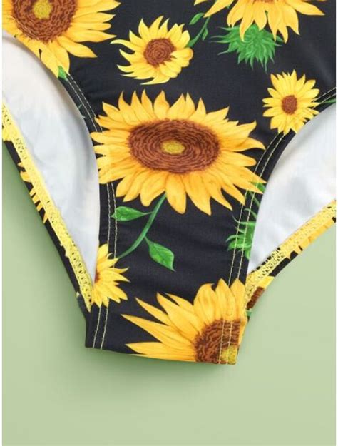 Buy Shein Girls Sunflower Print Cut Out One Piece Swimsuit Online