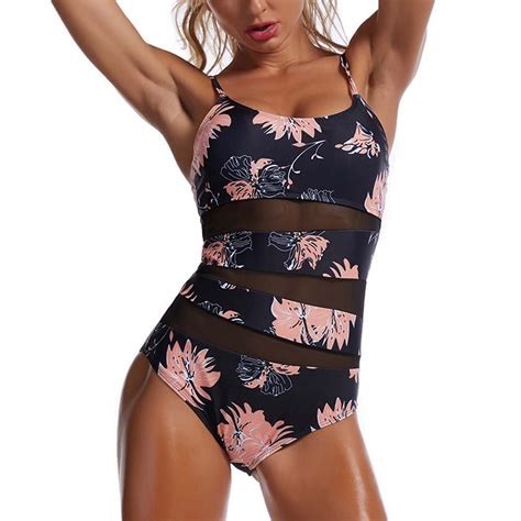 Taiaojing Womens One Piece Bathing Suit Sexy Mesh Stitching Print Cutout Fashion Splice