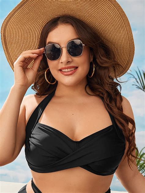 SHEIN Swim Basics Plus Halter Push Up Bikini Top SHEIN USA