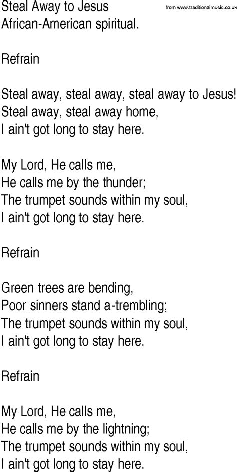 Hymn And Gospel Song Lyrics For Steal Away To Jesus By Africanamerican