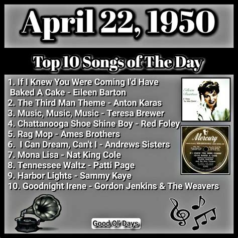 APRIL 22, 1950 - TOP 10 SONGS OF THE DAY | Songs, Music hits, Music charts