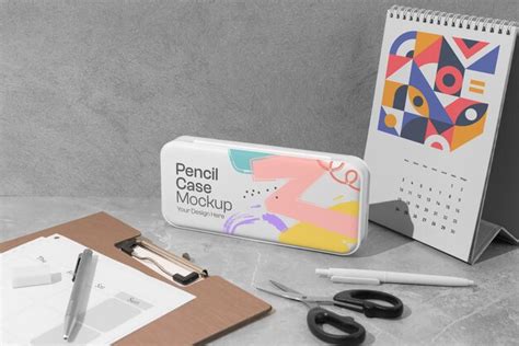 Premium Psd Pencil Case Mock Up Design With Office Supplies