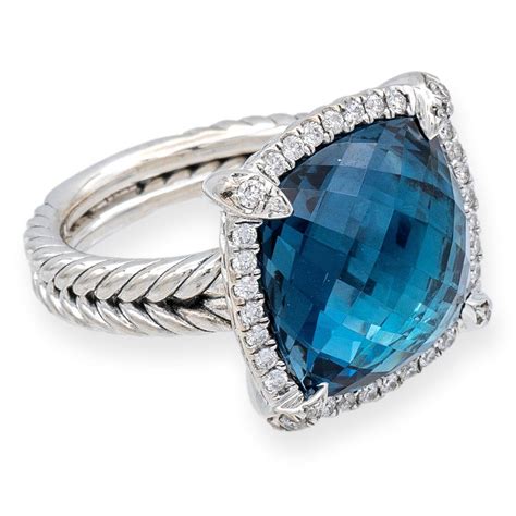 David Yurman Chatelaine Sterling Silver Hampton Blue Topaz Diamond Ring