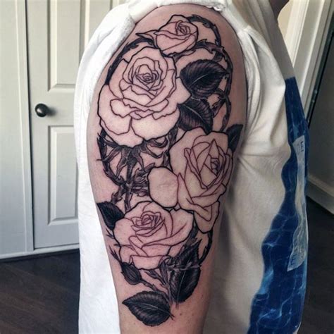 Nice Detailed Roses And Thorns Tattoo On Half Sleeve Zone