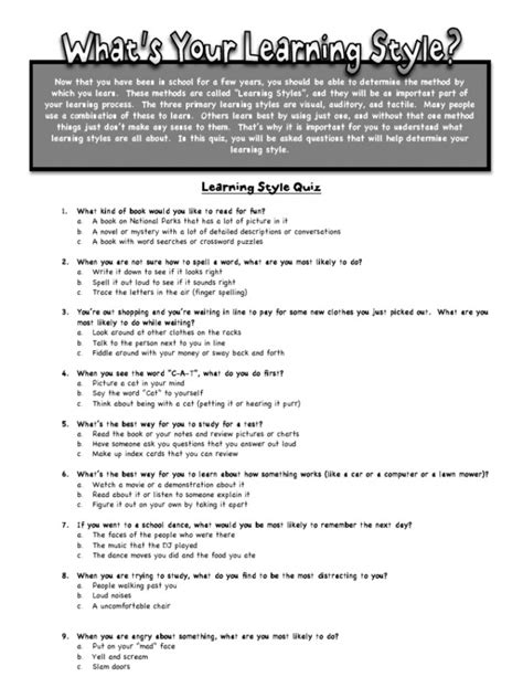 7 Learning Styles Quiz Printable Avery Marshall