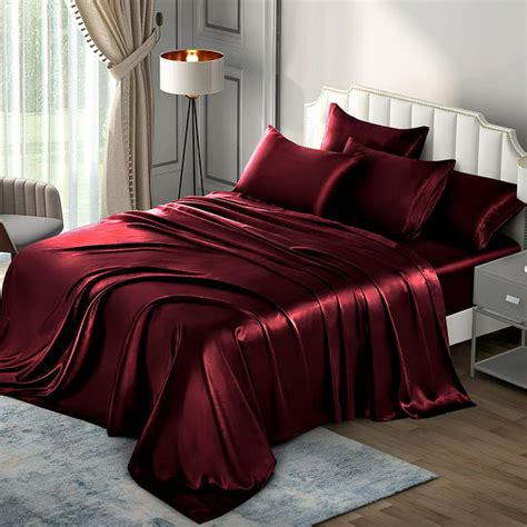 Seasonwood Satin Sheets Queen Satin Sheets Burgund 1800 Microfiber 4pcs With 2 Pillowcase