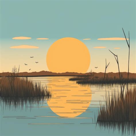 Premium Photo Minimalist Wetland Sunset Illustration With