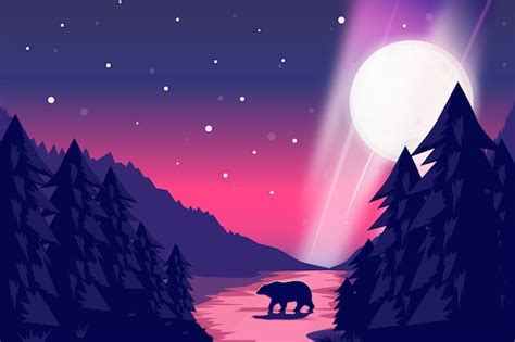 Paisagem Da Noite Com Ilustração Do Céu Estrelado Vetor Premium