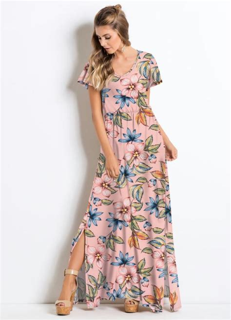 Vestido Longo Fendas Floral Rosa Quintess