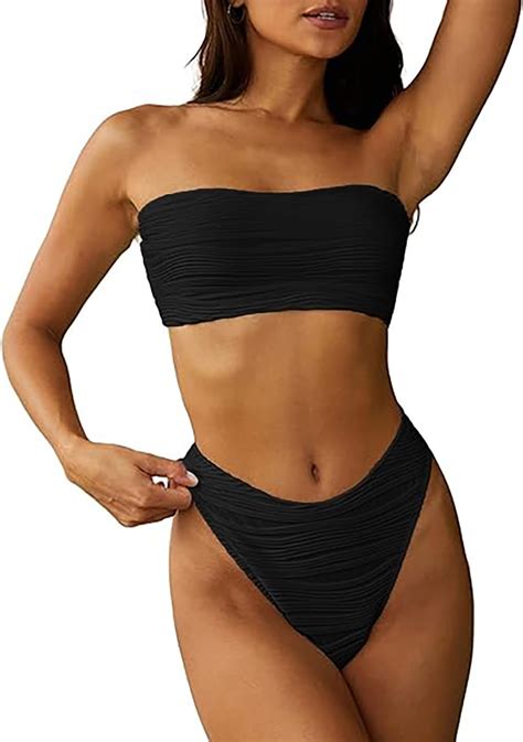 Amazon Hytensun Women S Bandeau Ribbed Bikini Lace Up Strapless