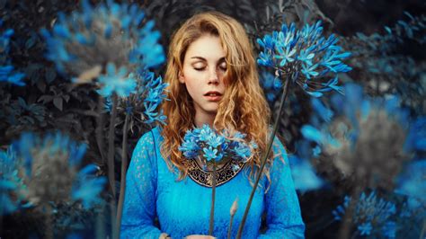 Wallpaper Blue Flowers Women Closed Eyes Portrait Plants