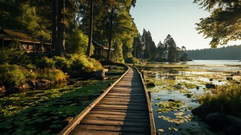 Premium AI Image A Long Wooden Path Leading To The Water With Meadow