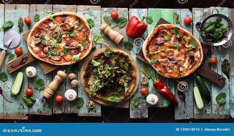 Vegetarian Pizzas Flatlay Homemade Thin Crust Healthy Pizzas With