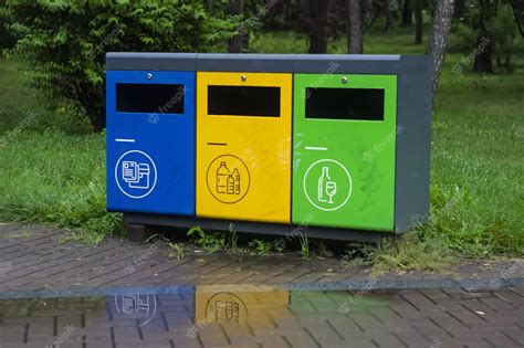 Premium Photo Multicolored Recycling Bins In The Park Outdoor Garbage Containers For Plastic