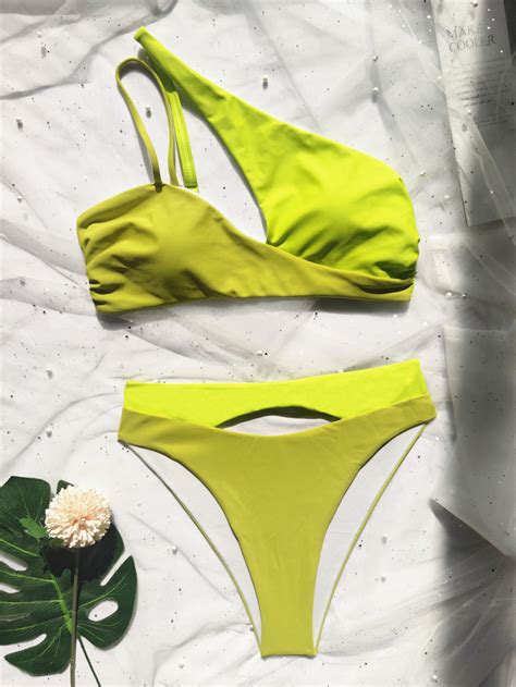 China Women One Shoulder Bikini Hollow Out High Cut Swimsuit Sexy Thong Bikini Solid