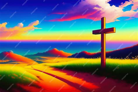 Premium Photo | A painting of a cross on a hill with a sunset in the ...