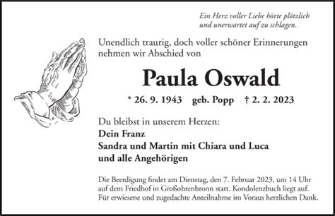 Traueranzeigen Von Paula Oswald Trauer Flz De