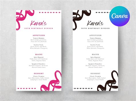 Editable Pink Menu Template Printable Valentines Day Menu Birthday