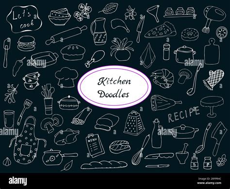 Hand Drawn Kitchen Doodle Set Food And Drink Restaurant And Cooking