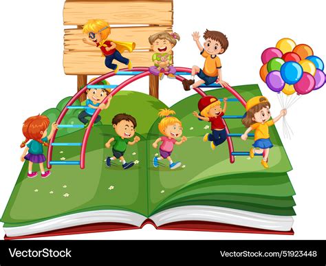 Kids enjoying playtime on a giant book Royalty Free Vector