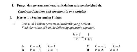 Solved Fungsi Dan Persamaan Kuadratik Dalam Satu Pembolehubah