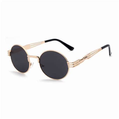 Retro Punk Metal Oval Frame Sunglasses Gold Tone Grey Gold Sunglasses