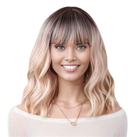 14 Inch Ombre Blonde Wigs For Women Short Wavy Wig With Bangs Dirty Blonde Wig With Dark Roots