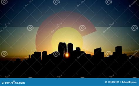 Denver Skyline Sunrise with Colorado Flag in Sky Stock Image - Image of dawn, scenic: 165836931