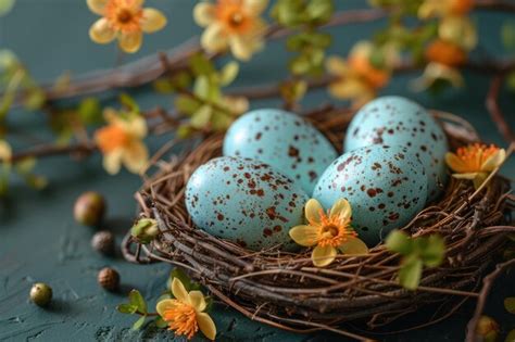 Premium Photo Easter Eggs In A Birds Nest With Flowers And Branches