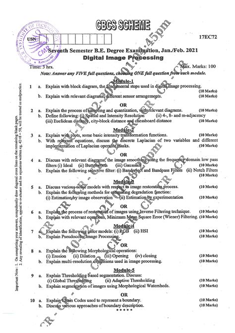 Vtu Question Paper Of 17ec72 Digital Image Processing Jan 2021 Electronics And Communication